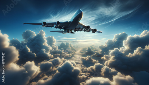 A captivating image of a jumbo jet flying high in the sky. The jet, with its large, impressive size, is captured in mid-flight, Generative AI photo