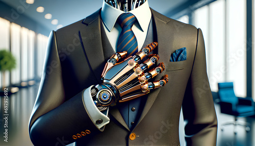 A creative depiction of a robot hand wearing a luxury suit and tie, The robotic hand should be highly detailed, Generative AI photo