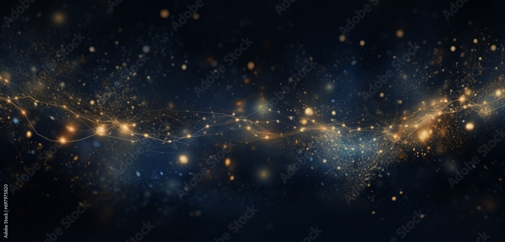 Mesmerizing midnight opulence, an abstract background adorned with golden constellations, radiant light rays, and enchanting bokeh in deep navy and gold hues.