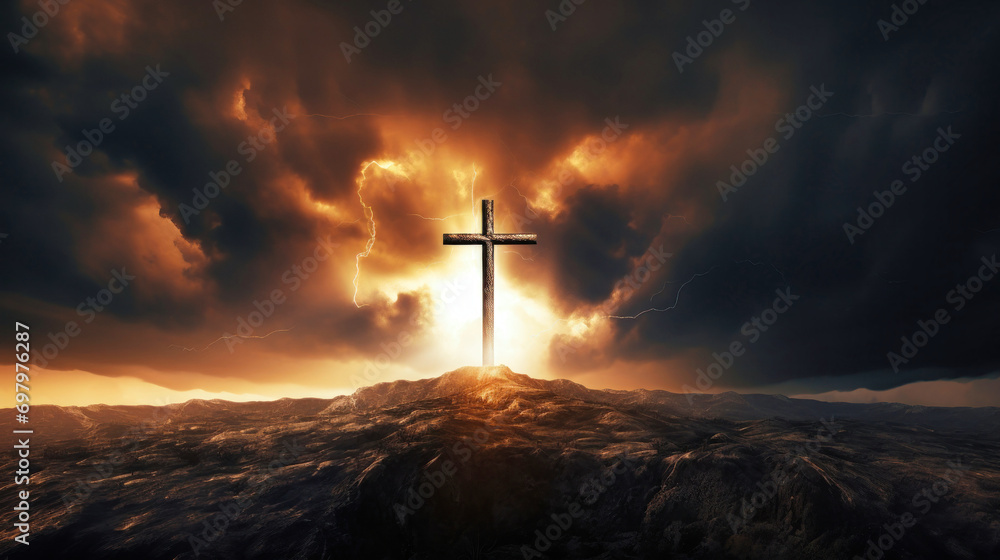 The Holy Cross, symbolizing the death and resurrection of Jesus Christ, with the sky above Golgotha shrouded in light and clouds. Easter. - obrazy, fototapety, plakaty 