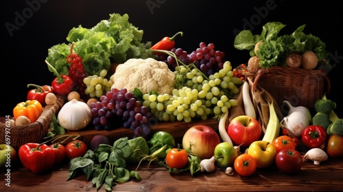 Assorted fresh fruits and vegetables raw vegan food on dark background. AI generated image