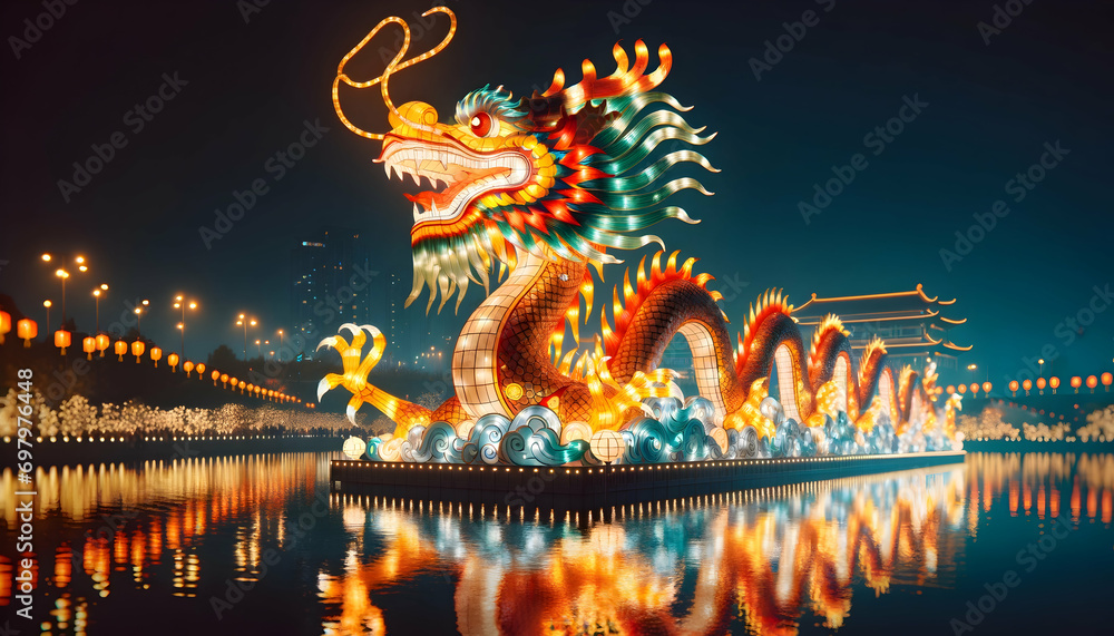 Obraz premium Colorful chinese new year dragon lantern statue at night.