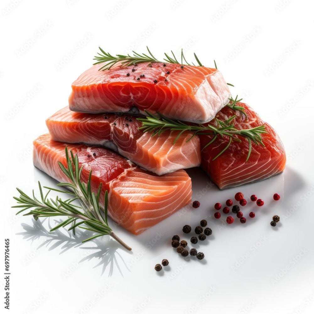 Banner Raw Meat Steaks Salmon Beef On White Background, Illustrations Images