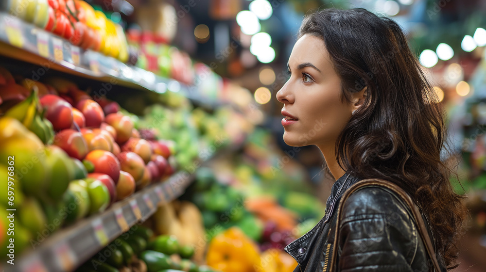 Fresh Produce Selection,Woman Considering Fruits and Vegetables