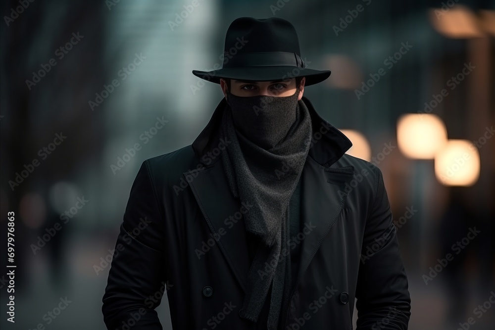 man in a black coat and hat on the background of the night city
