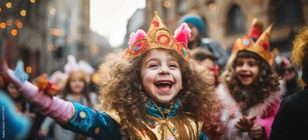 Children dressed in vibrant costumes, participating in a lively Purim parade, capturing the festive spirit. Banner. Children dressed in vibrant costumes, participating in a lively Purim parade, capturing the festive spirit. Banner.