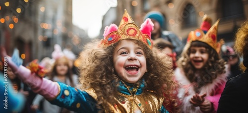 Children dressed in vibrant costumes, participating in a lively Purim parade, capturing the festive spirit. Banner.