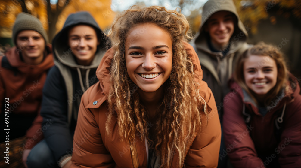 Group of five friends hanging outside in the fall. Group of five friends hanging outside in the fall.