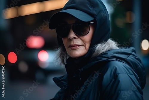 Portrait of a senior woman wearing a cap and sunglasses in the city at night