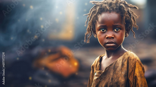 Portrait of a dark-skinned girl in the slums. A little girl looks at the camera with sad emotions. The problem of hunger and poverty in Africa.