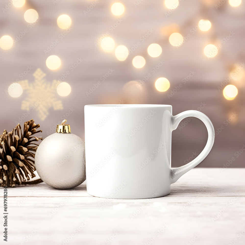 New Year, Christmas themed mug mockup, mug model, 3D rendering, Christmas background, design display