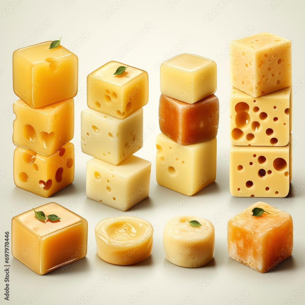 Collection Delicious Cheese Cubes On White Background, Illustrations Images Collection Delicious Cheese Cubes On White Background, Illustrations Images