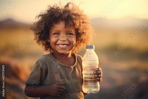 Thirsty and poor african holding an empty water bottle, saving water concept