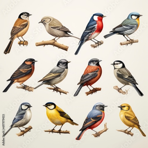 Collection Most Common European Birds On White Background, Illustrations Images