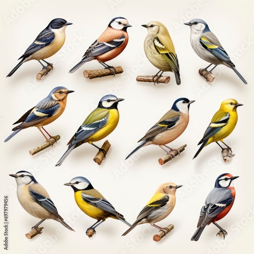 Collection Most Common European Birds On White Background, Illustrations Images