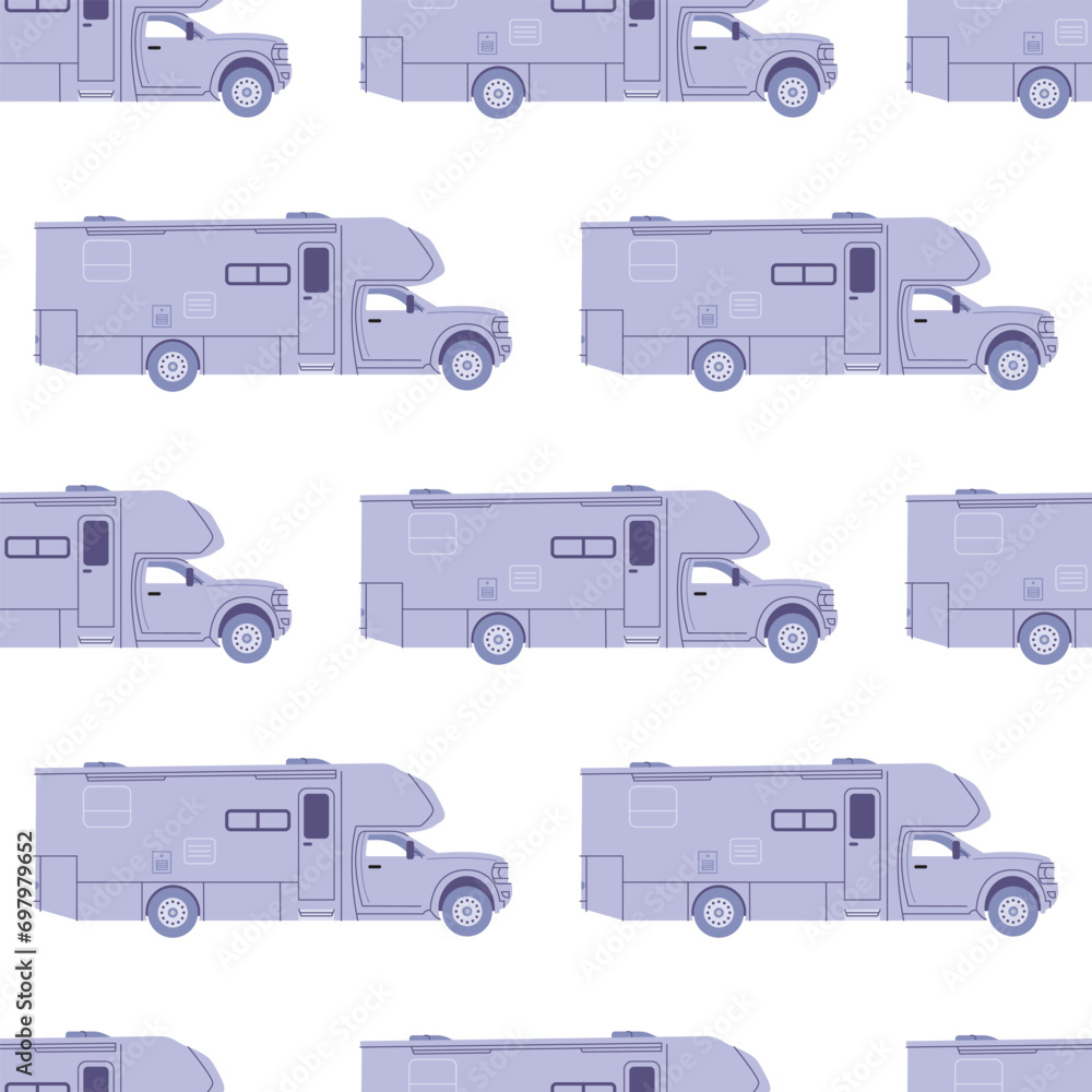 Camper cars seamless pattern, holiday caravans, vans, trailers, summer motorhomes, camping RV set. Mobile auto vehicles for travel, vacation in campsite, nature. Flat vector illustrations isolated Camper cars seamless pattern, holiday caravans, vans, trailers, summer motorhomes, camping RV set. Mobile auto vehicles for travel, vacation in campsite, nature. Flat vector illustrations isolated