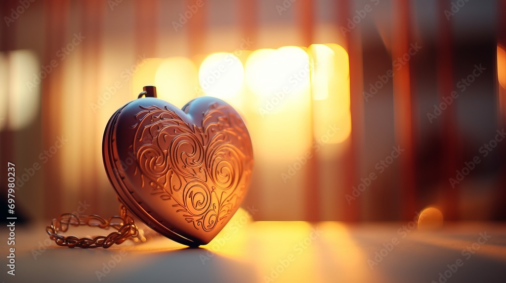 Fototapeta premium Romantic heart pendant with elegant ornaments on warm background with copy space.