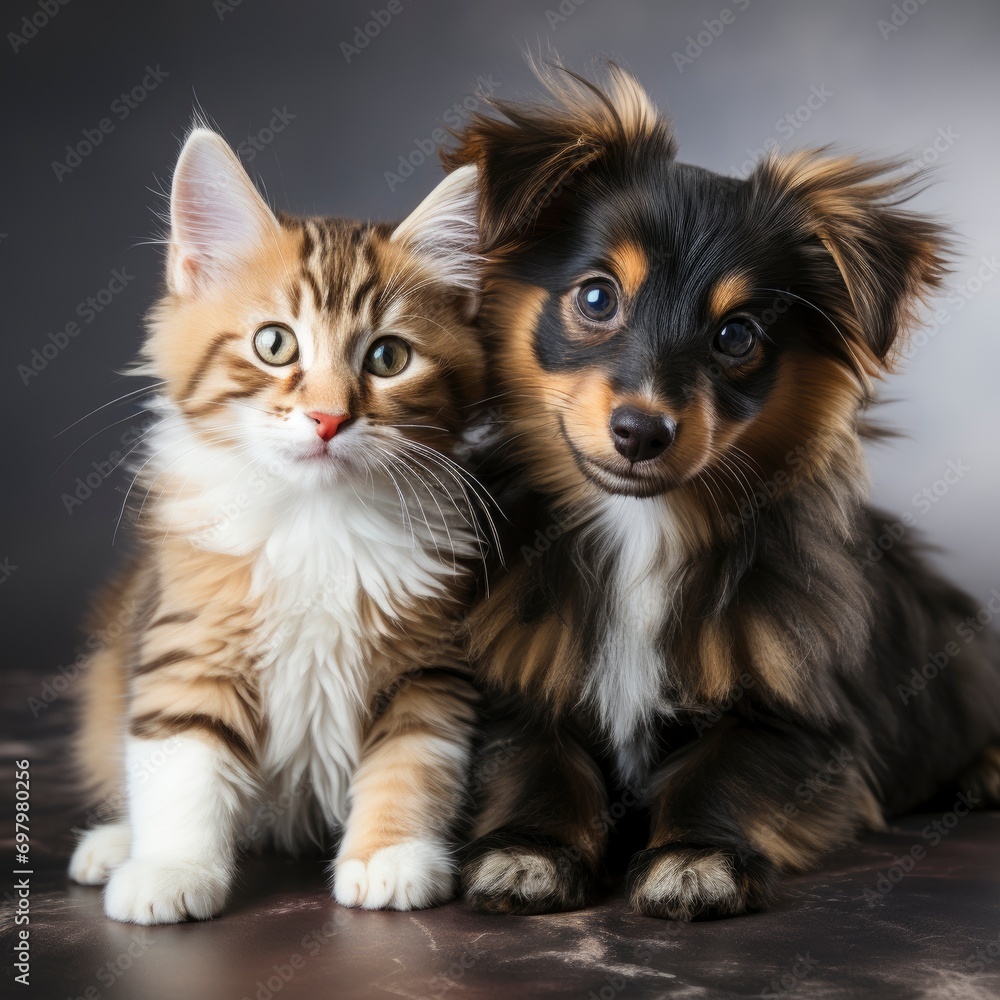 Cute Mixed Breed Puppy Kitten Together On White Background, Illustrations Images