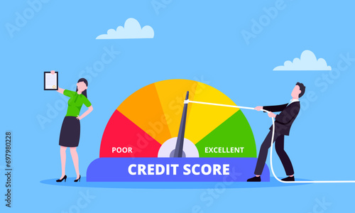 Man pushes credit score arrow gauge speedometer indicator with color levels.