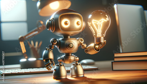 A mini robot with a lightbulb, showcasing a whimsical and innovative design. The robot is small and charming, Generative AI photo