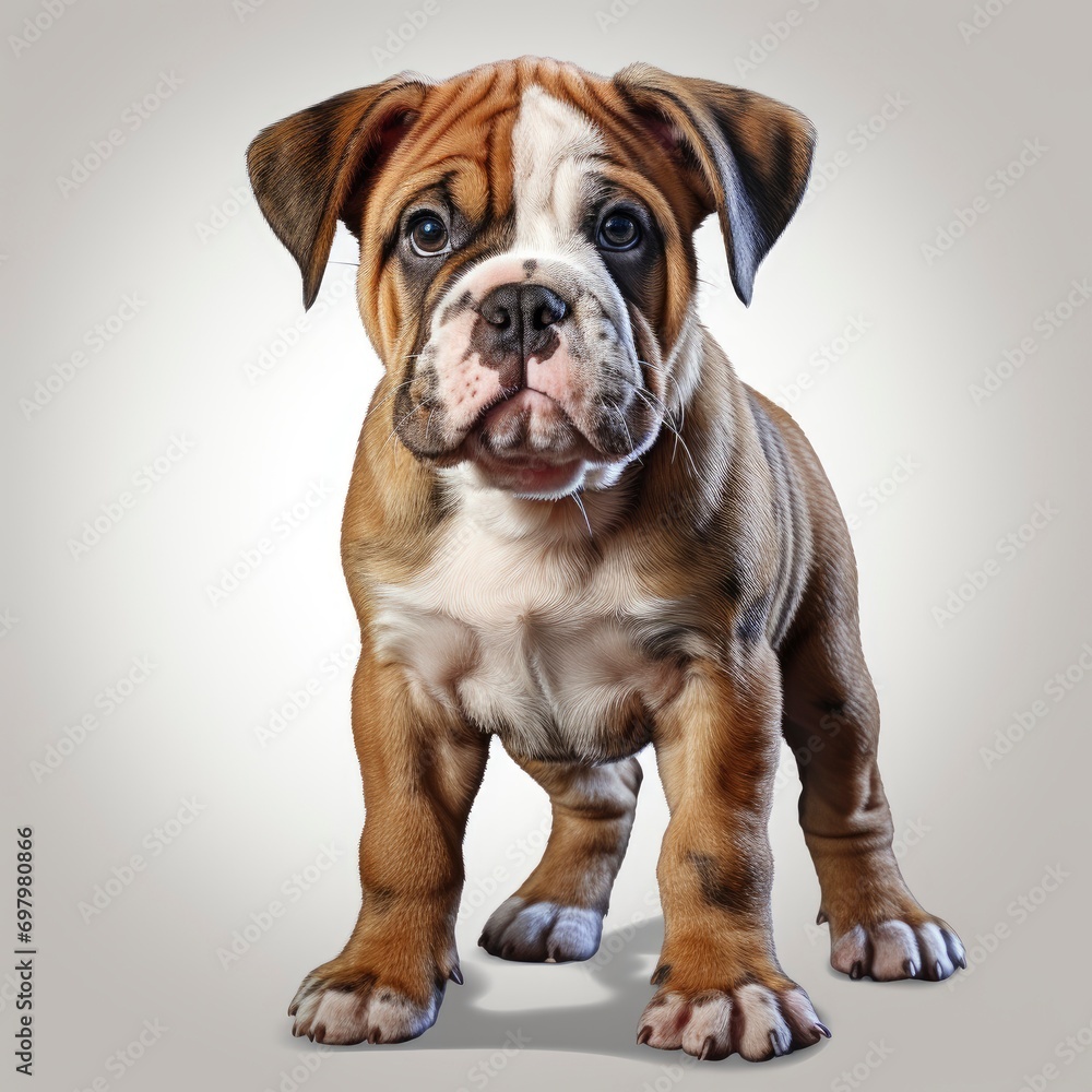 English Bulldog Puppy Standing On White Background, Illustrations Images