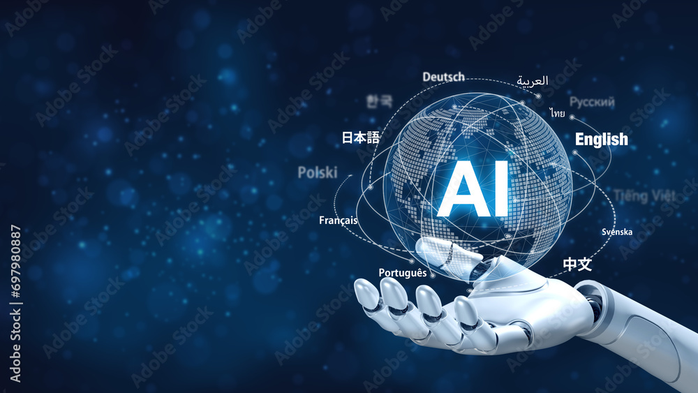Ai translate language concept.Robot hand holds ai translator with blue background, Artificial intelligence chatbot equipped with a Language model technology. - obrazy, fototapety, plakaty 
