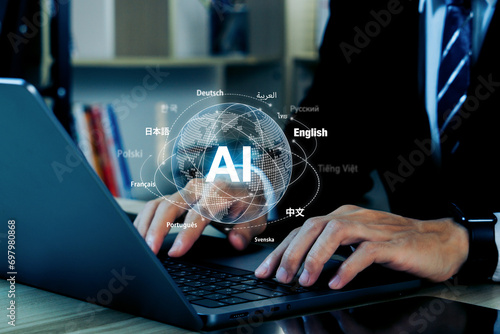 Ai translate language concept.Businessman hand with ai translator with blue background, Artificial intelligence chatbot equipped with a Language model technology. photo