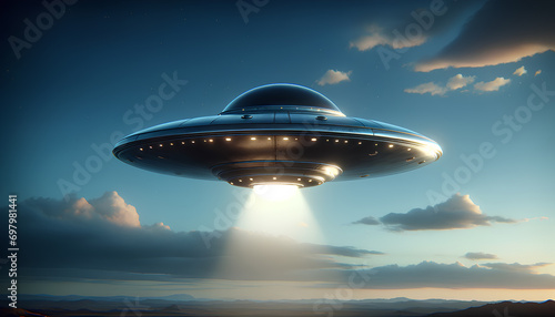 A scene featuring a UFO or flying saucer in the sky. The UFO should have a classic flying saucer design  Generative AI