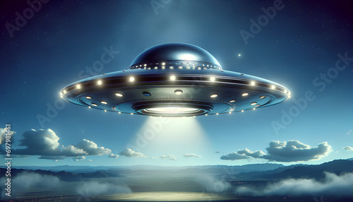 A scene featuring a UFO or flying saucer in the sky. The UFO should have a classic flying saucer design, Generative AI