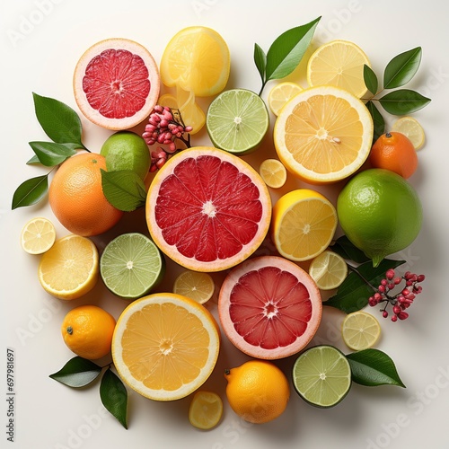 Flat Lay Composition Different Citrus Fruits On White Background, Illustrations Images