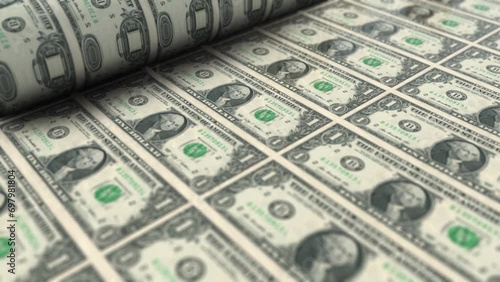 Intricate Printing Process of One US Dollar Bank Note in Washington DC, Detailed close-up capturing the precise process of printing one US dollar bills on a large roll in a secure printing facility.