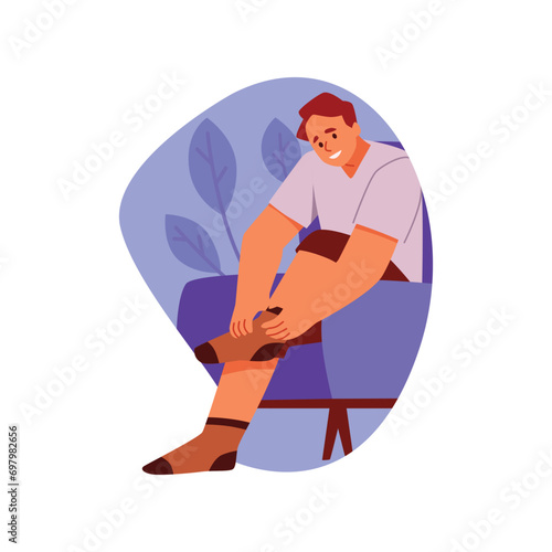 Man putting on socks while sitting in chair, flat cartoon vector illustration