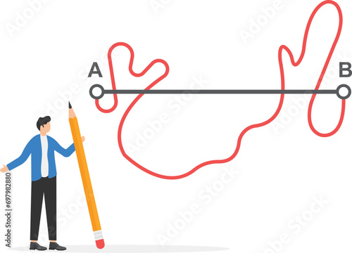 Businessman holding a pencil in hand leads a drawing line from point A to point B, Shortest distance to goal, easy or shortcut way to win business success.

