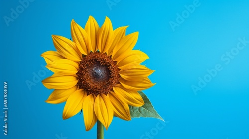 A vibrant sunflower standing tall against a solid blue background  petals catching the sunlight.