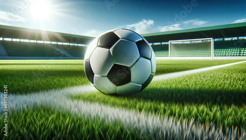 A vivid and detailed image of a soccer ball on a green playground illustrates a soccer concept. The soccer ball, with its classic black and white pattern, Generative AI photo