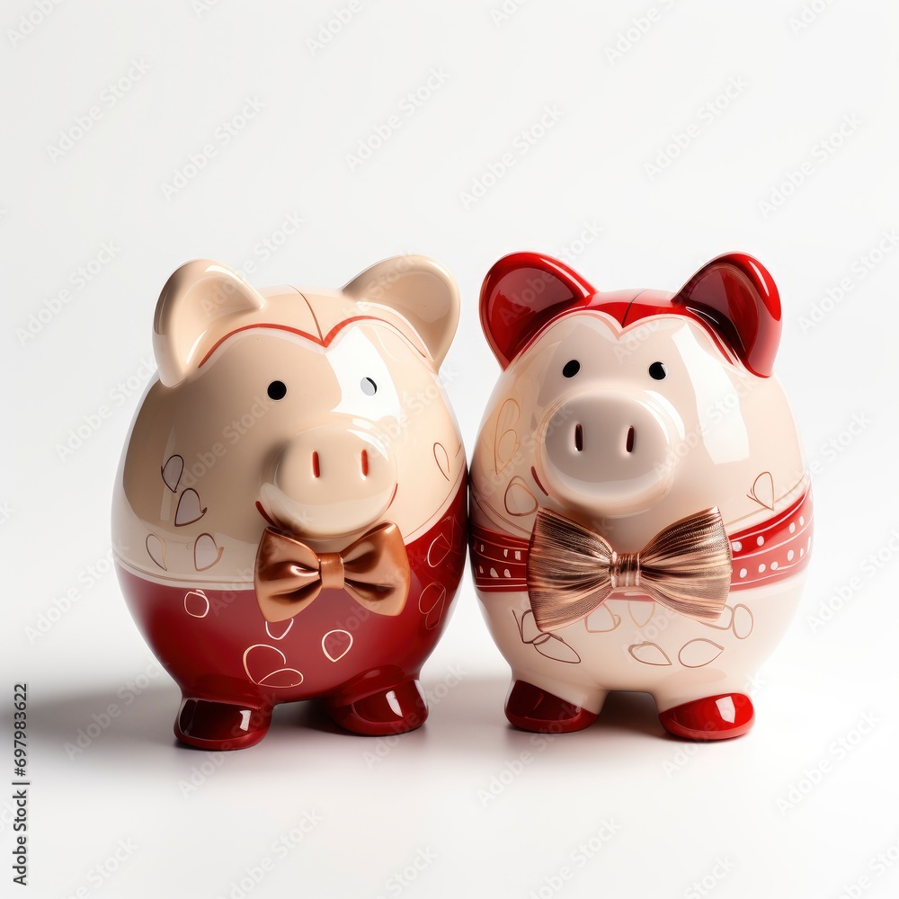 Happy Couple Ceramic Piggy Bank On White Background, Illustrations Images Happy Couple Ceramic Piggy Bank On White Background, Illustrations Images