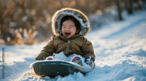 Asian toddler child wearing a coat laughing and having fun on a snow sled, skid, sledge, toboggan and sliding down hill of snow