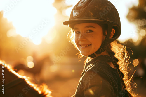 Happy girl kid at equitation lesson looking at camera while riding a horse, wearing horseriding helmet © Keitma
