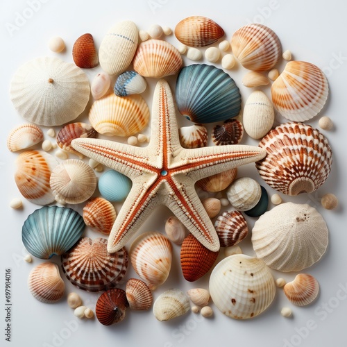 High Angle Panoramic View Starfish Seashells On White Background  Illustrations Images