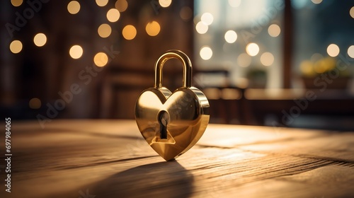 A golden heart-shaped padlock with intricate designs on a wooden surface against a bokeh backdrop