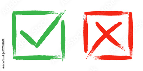 Dirty grunge cross x and tick OK check marks in check boxes, hand drawn with brush strokes vector illustration.