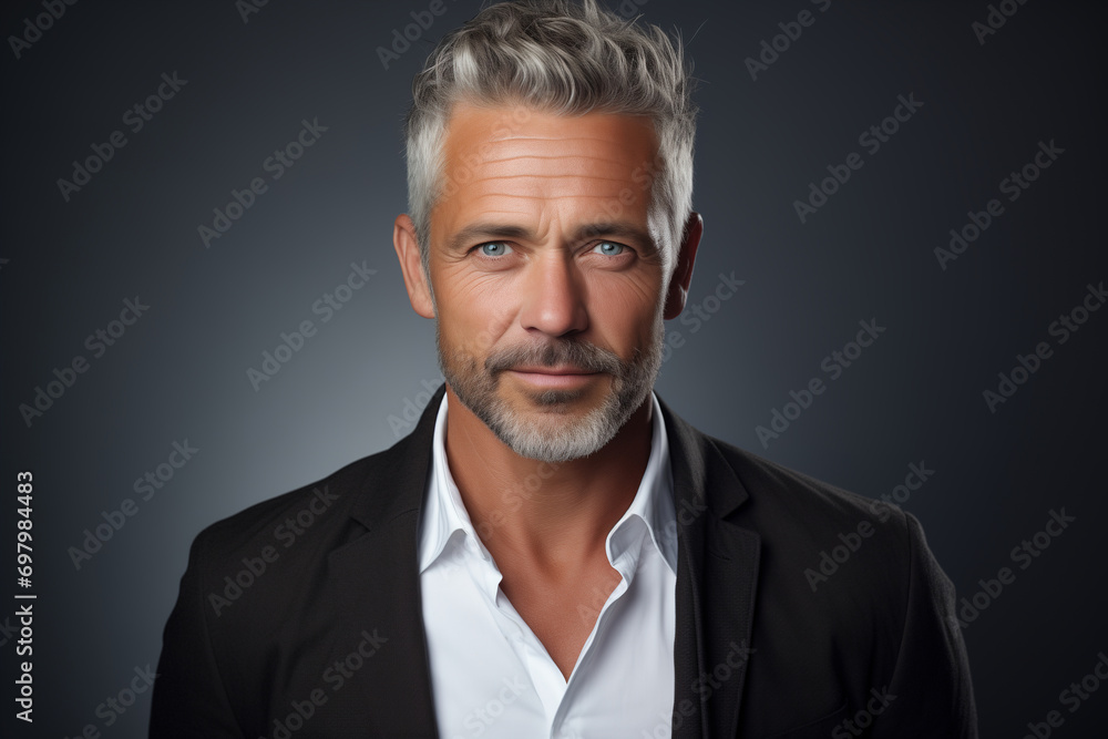 Studio headshot portrait of a handsome, confident middle-aged man in a business suit looking at camera Studio headshot portrait of a handsome, confident middle-aged man in a business suit looking at camera