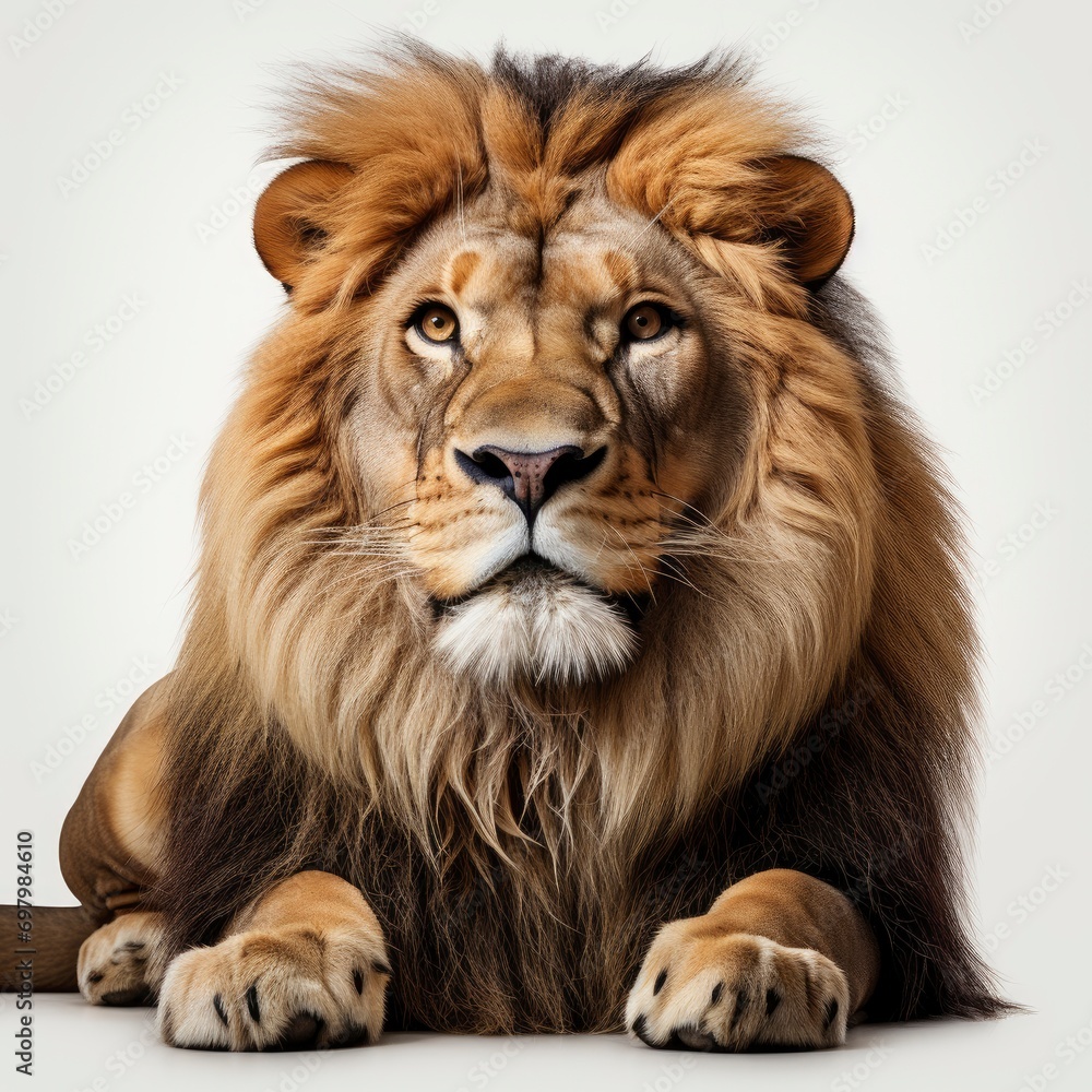 Male Adult Lion Lying Down Panthera On White Background, Illustrations Images