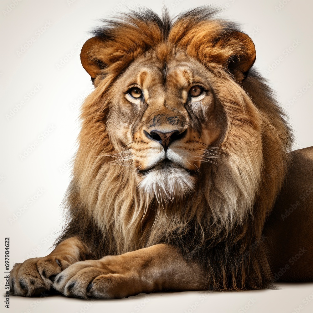 Male Adult Lion Lying Down Panthera On White Background, Illustrations Images
