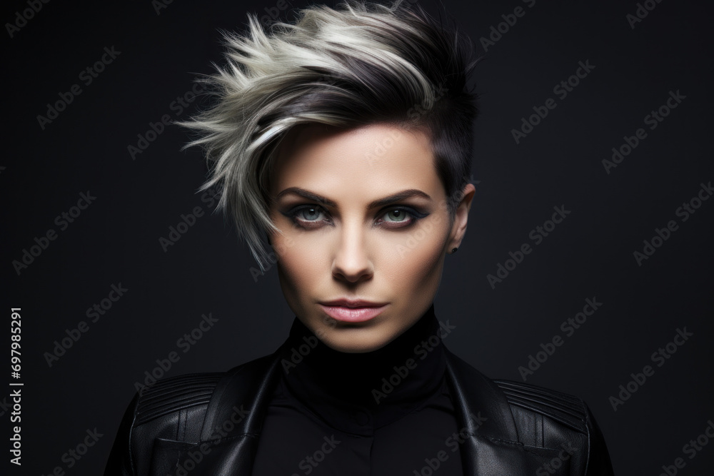 A sexy woman with a unique asymmetrical haircut, blending creativity and avant-garde style. Female, 40 years old, European ethnicity