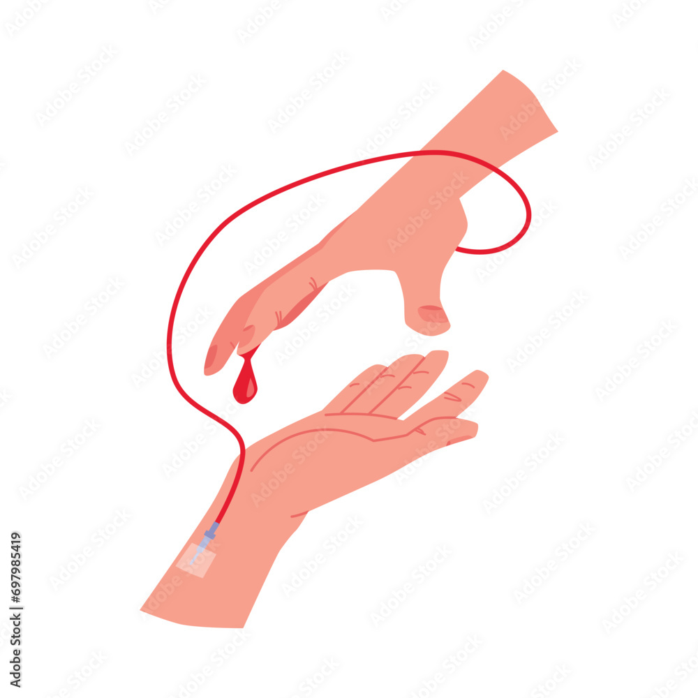 Blood donation vector illustration, the donor arm is delivering blood to the recipient, sustaining life for the patient Blood donation vector illustration, the donor arm is delivering blood to the recipient, sustaining life for the patient