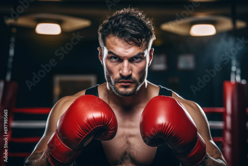 Photo of a sexy boxer, male, 27 years old, Mediterranean, in boxing gloves and gear, in a boxing ring, capturing the intensity and focus in his eyes © Hanna Haradzetska