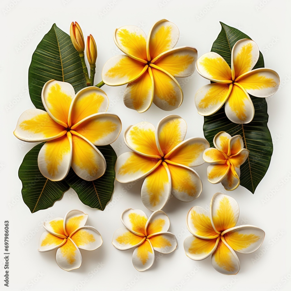 Obraz premium Plumeria Frangipani Temple Tree Flower Collection On White Background, Illustrations Images