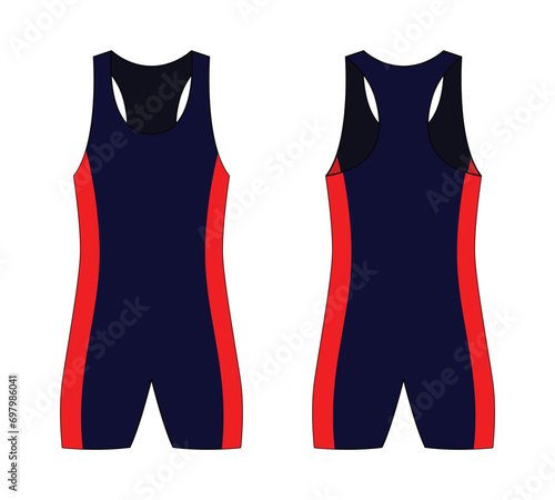 Navy-Red Wrestling Singlet Design On White Background.Front and Back View, Vector File.