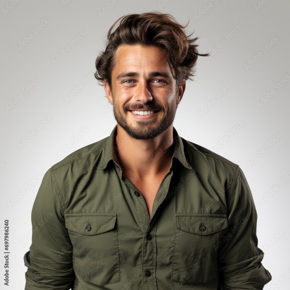 Fototapeta premium Portrait Smiling Man Hands Pockets Isolated On White Background, Illustrations Images